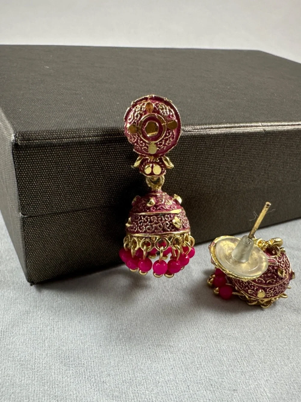 Pink Meenakari Jhumka Earrings with Bead Dangles | Gold Tone Indian Jewelry